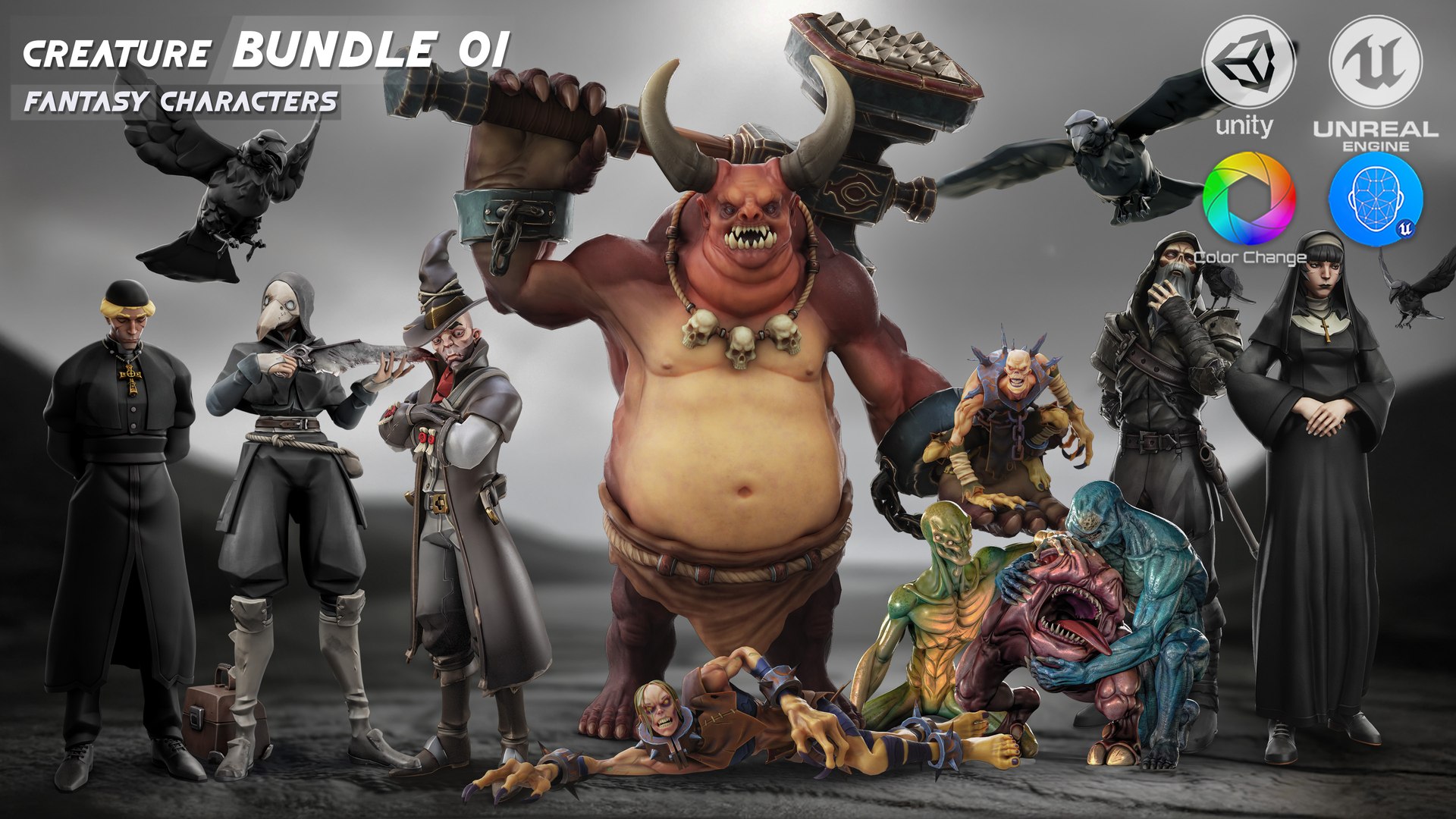 3D Alien - Demon Troll - Ghoul - Zombie - Nurse - Raven - Nun - Warrior - Barbarian - Elf Archer - Tiefling - Bot - Teen - Kid - 24 in 1 Mega Bundle https://p.turbosquid.com/ts-thumb/k0/rXSuji/XE/creat_1feat/jpg/1776886046/1920x1080/fit_q87/79a8c5aa4edb0559457b8e642e8ed89579ffd215/creat_1feat.jpg