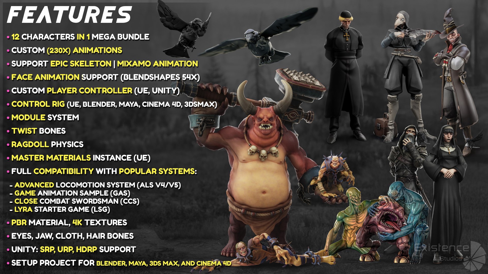3D Alien - Demon Troll - Ghoul - Zombie - Nurse - Raven - Nun - Warrior - Barbarian - Elf Archer - Tiefling - Bot - Teen - Kid - 24 in 1 Mega Bundle https://p.turbosquid.com/ts-thumb/k0/rXSuji/gN/creat_2unreal/jpg/1776886049/1920x1080/fit_q87/34933226c22623e94d873b3a6229990fcb50307a/creat_2unreal.jpg