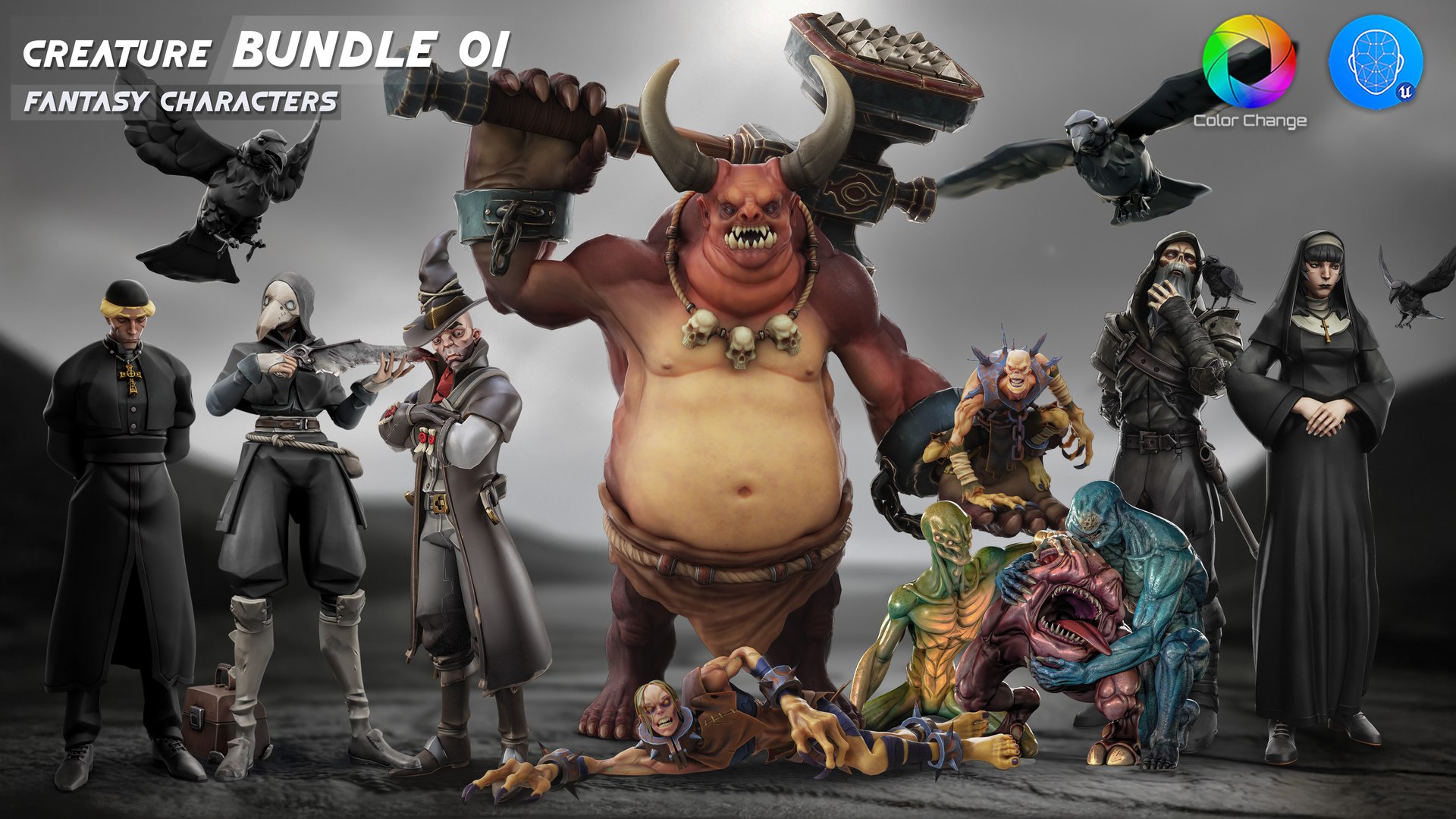 3D Alien - Demon Troll - Ghoul - Zombie - Nurse - Raven - Nun - Warrior - Barbarian - Elf Archer - Tiefling - Bot - Teen - Kid - 24 in 1 Mega Bundle https://p.turbosquid.com/ts-thumb/k0/rXSuji/hU/creat_1unreal/jpg/1776886047/1920x1080/fit_q87/31383195dc183c3b4f8c0c5795ce9dd22f219d1b/creat_1unreal.jpg