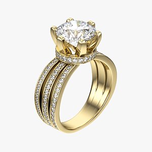 Pave Triple Shank Diamond Engagement Ring 3D Model 3D model