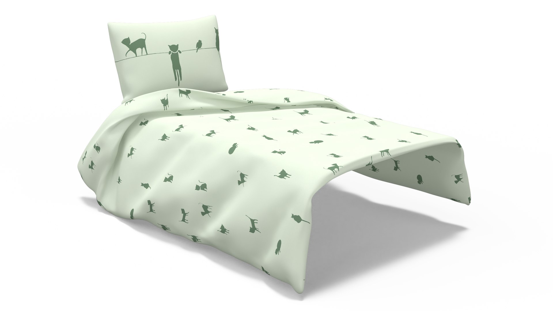 Blanket and Pillow for Children IKEA BARNDROM Cat Pattern Green 3D model preview
