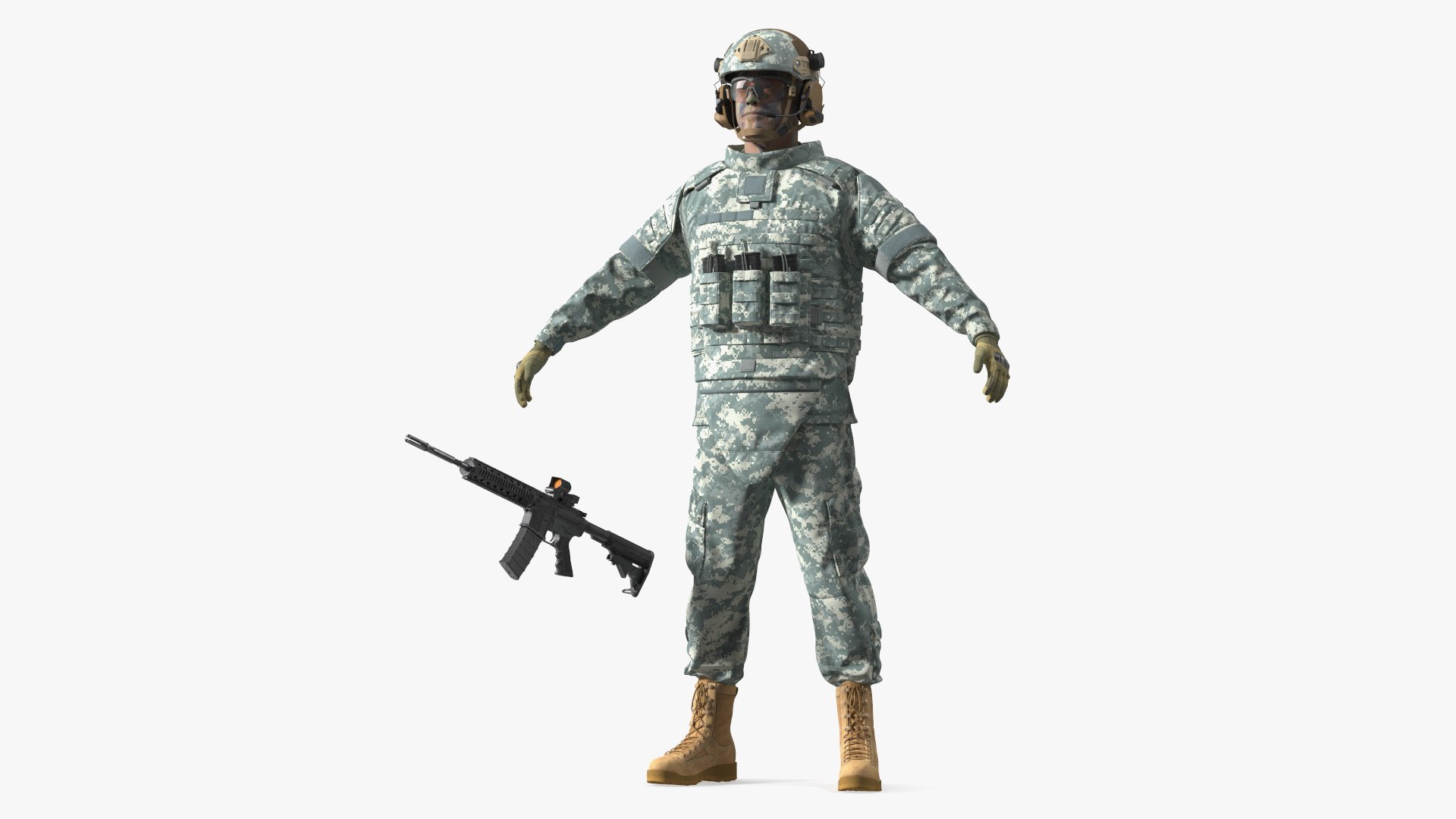 Soldier in Grey Gear and Assault Rifle A-pose Fur 3D model preview