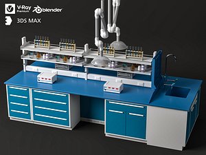 3D Complete Lab Bench With Glassware Sink Cabinet Set 3D Model