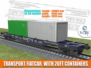 3D Transport flatcar with 20ft containers model