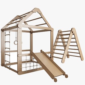 Indoor Wooden Playhouse with Triangle ladder Slide Board and Swings