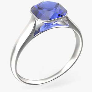 Asscher Cut Blue Sapphire On Silver Wedding Ring V01