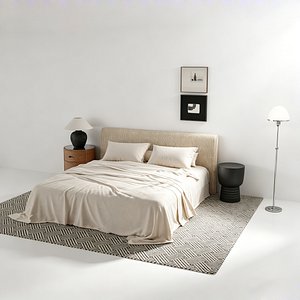 3D Modern Minimalist Double Bed Set Bedroom Furniture model