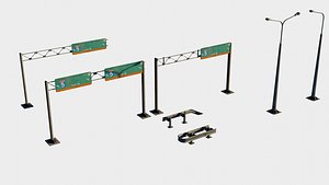 highway guard rail signs and street lights with 4k pbr textures 3D model