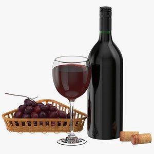 3D bottle wine glass grapes