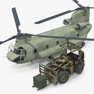 3D Forklift Loads Cargo to the Transport Helicopter CH 47 Chinook Rigged model