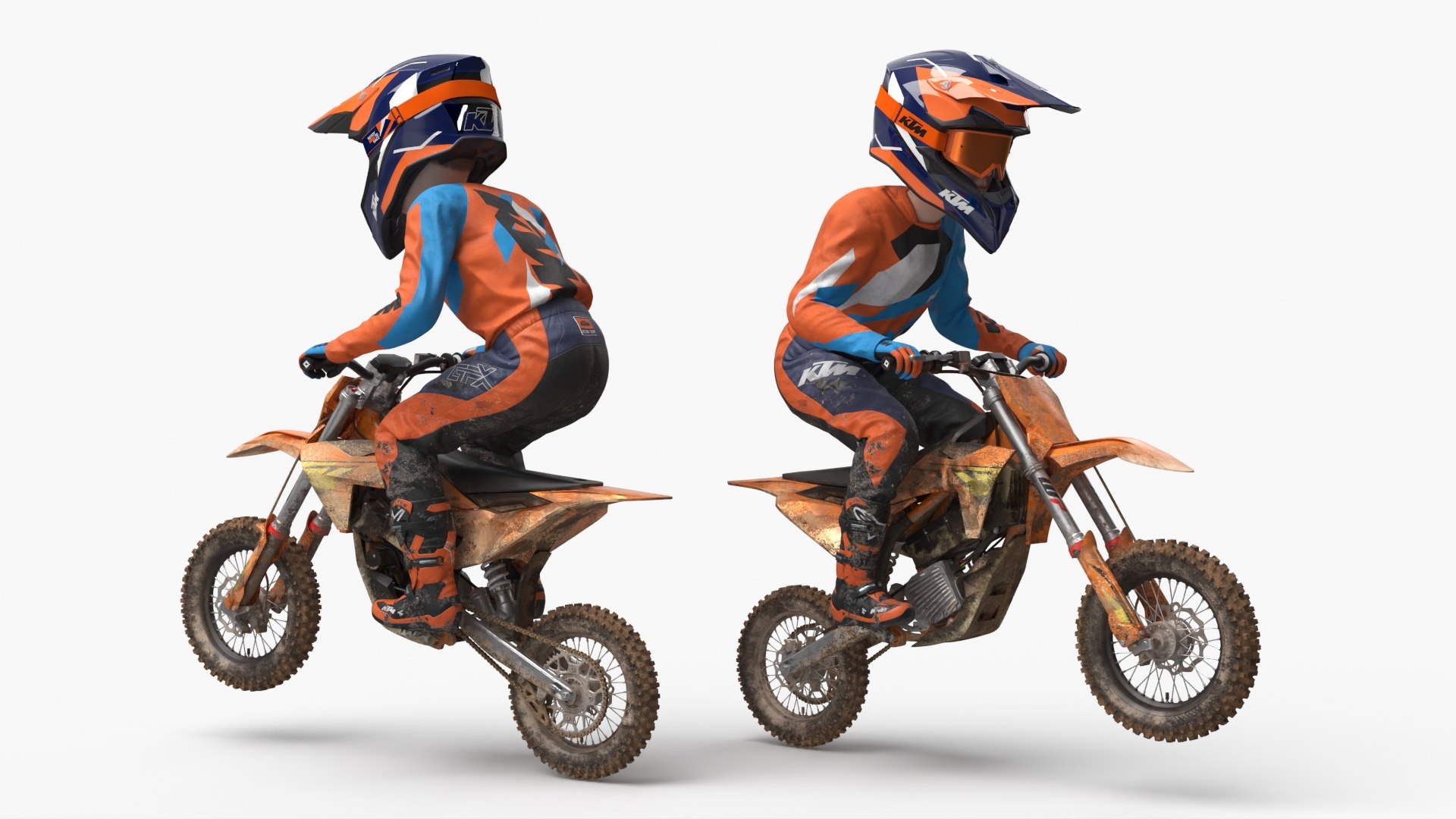 KTM Kids Dirt Bike Rider Standing Muddy Stance 3D model preview