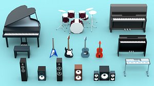 STYLIZED MUSIC INSTRUMENTS 3D MODEL PACK LOW POLY GAME READY PIANO DRUM GUITAR SPEAKER FBX OBJ BLEND 3D