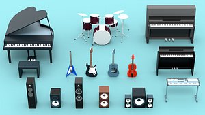 Stylized Music Instruments 3d Model Pack Low Poly Game Ready Piano Drum Guitar Speaker Fbx Obj Blend