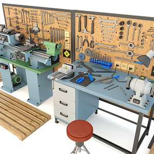 3D model Lathe machine workbench workshop Industrial garage tools