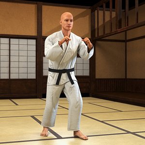 Karate Practitioner in Gi with Black Belt Rigged for Cinema 4D