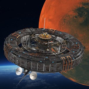 Futuristic Sci Fi Space Station Orbiting Mars