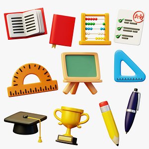 10 School Stuff Pack Stylized Illustration 3D model