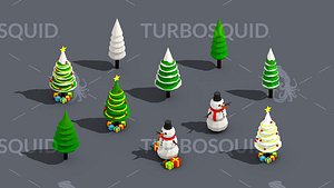 3D Low Poly Christmas Tree And Snowmen Gift Isometric Low-poly