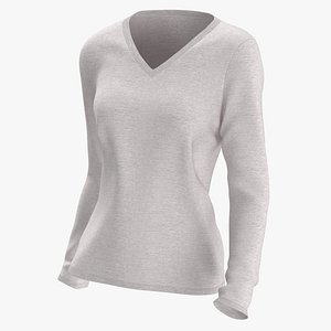 Long Sleeve Worn Female V Neck Pose 02 White Blank and Branded Heather 3D