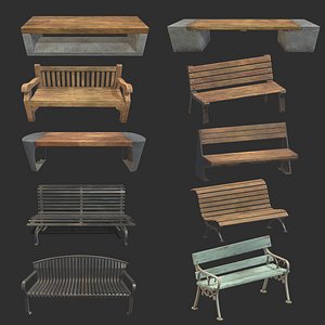 3D model 10 Benches Low Poly PBR Realistic Collection