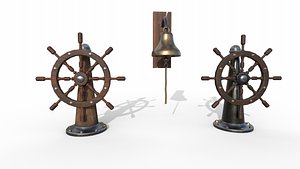 Steering wheel for a sea ship and a bell PBR game ready Low-poly 3D model