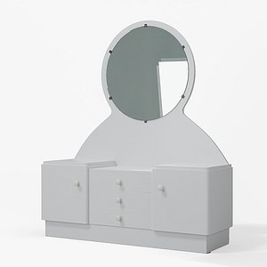 3D model of a vintage dresser with round mirror three drawers and two cabinets