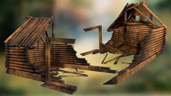 Ruined burned down wooden house PBR low-poly 3D model Low-poly 3D model 3D model