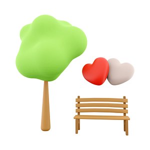 3D Two loving hearts on a tree bench 3D icon