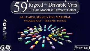 59 rigged and drivable Lowpoly cars