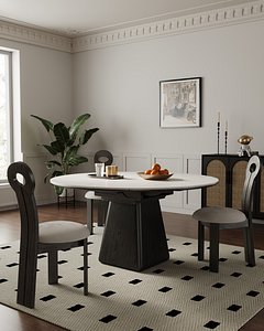 Modern Minimalist Dining Room Set with Cane Cabinet and Round Table model