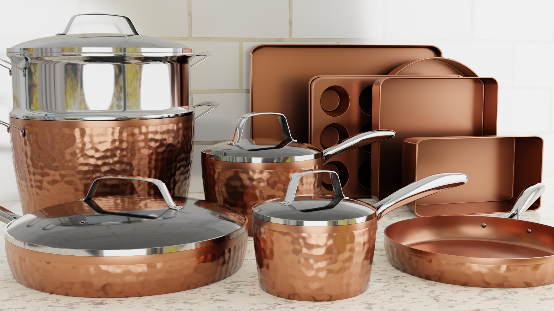 Hammered Copper Cookware and Bakeware Set 3D model TurboSquid 1902580