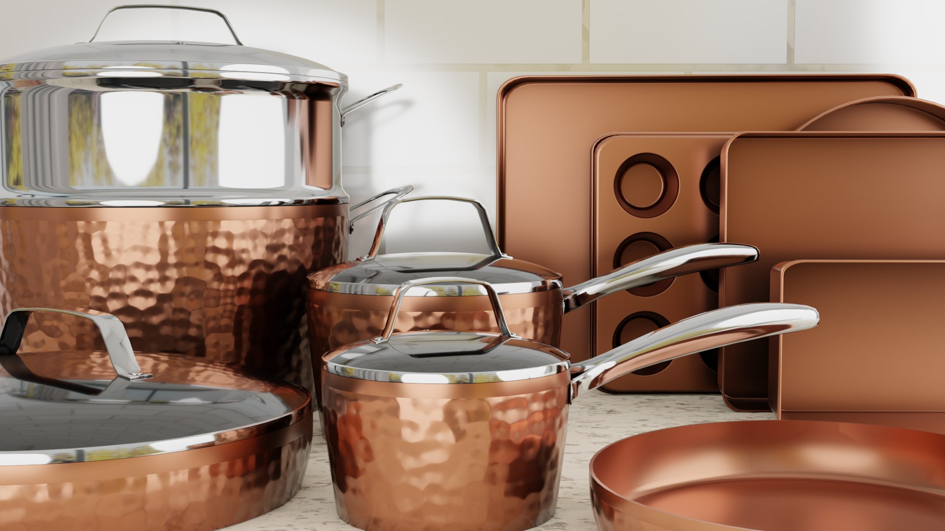 Hammered Copper Cookware And Bakeware Set 3D Model - TurboSquid 1902580
