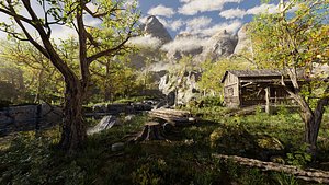 3D Forest Cabin Scene v2
