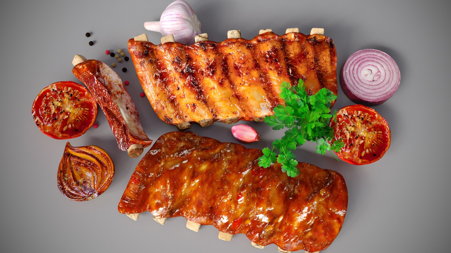 3D Model Grilled Ribs In Sauce With Vegetables - TurboSquid 2258040