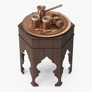 Traditional Arabic Coffee Set on Wooden Table 3D model