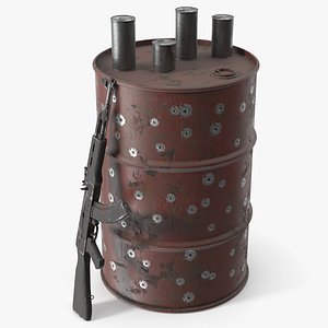 Damaged Military Barrel with AK and Tin Cans 3D model