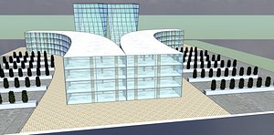 Modern Semicircular Office Building - Curved Glass Plaza Complex 3D Model