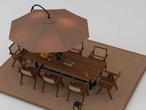 3D Modern Outdoor Dining Table with Rattan Chairs and Umbrella Set model