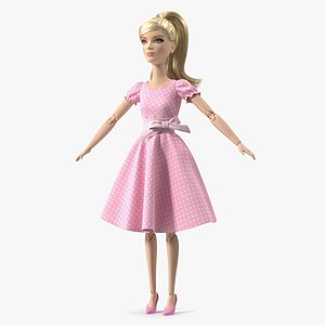 3D Barbie Doll in Pink Dress T-pose