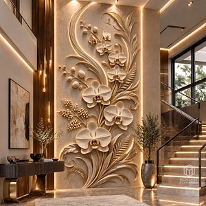 Modern Orchid Flowers Botanical Relief Wall Panel STL CNC 109