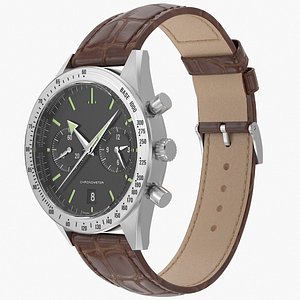 Chronometer Wrist Watch Brown Leather Bracelet Black Dial 3D model
