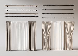 Double Panel Curtains Set Curtain Rod 3D model
