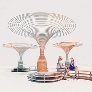 3D Modern exterior design square decoration sculpture trees landscape sketches  outdoor chair combinati