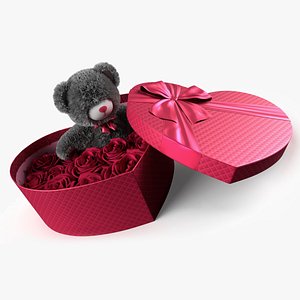 Giftware Heart Box with Plush Bear and Roses Fur 3D model