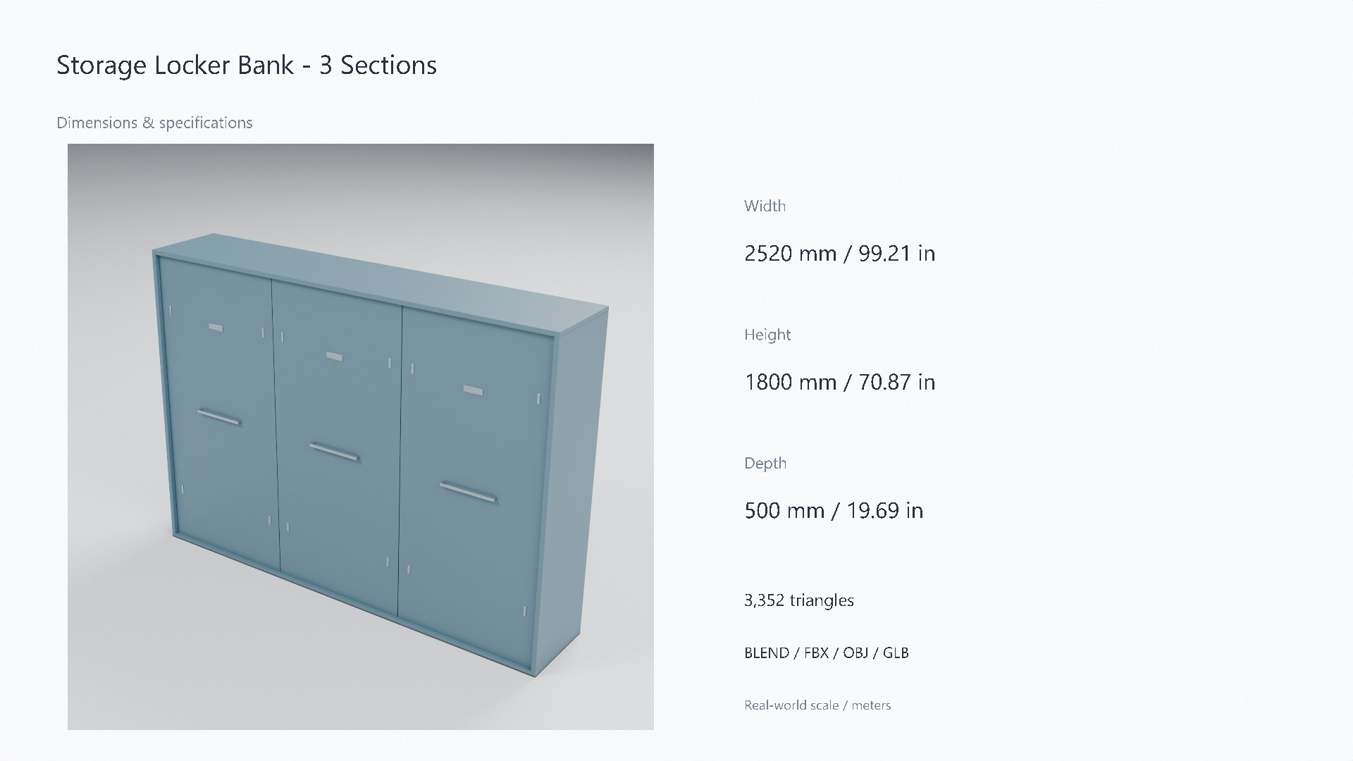 Painted Steel Locker Bank - 3 Doors - 2520 x 500 x 1800 mm 3D model https://p.turbosquid.com/ts-thumb/kg/q79FYA/OA/07_dimensions/jpg/1788951160/1920x1080/fit_q87/1f67fec9e305a37f531bde4b1b7fad28a64a6e1d/07_dimensions.jpg