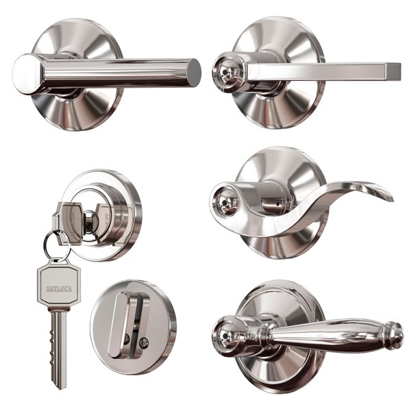 Chrome plated metal door handles lock and key 3D model TurboSquid 2003612