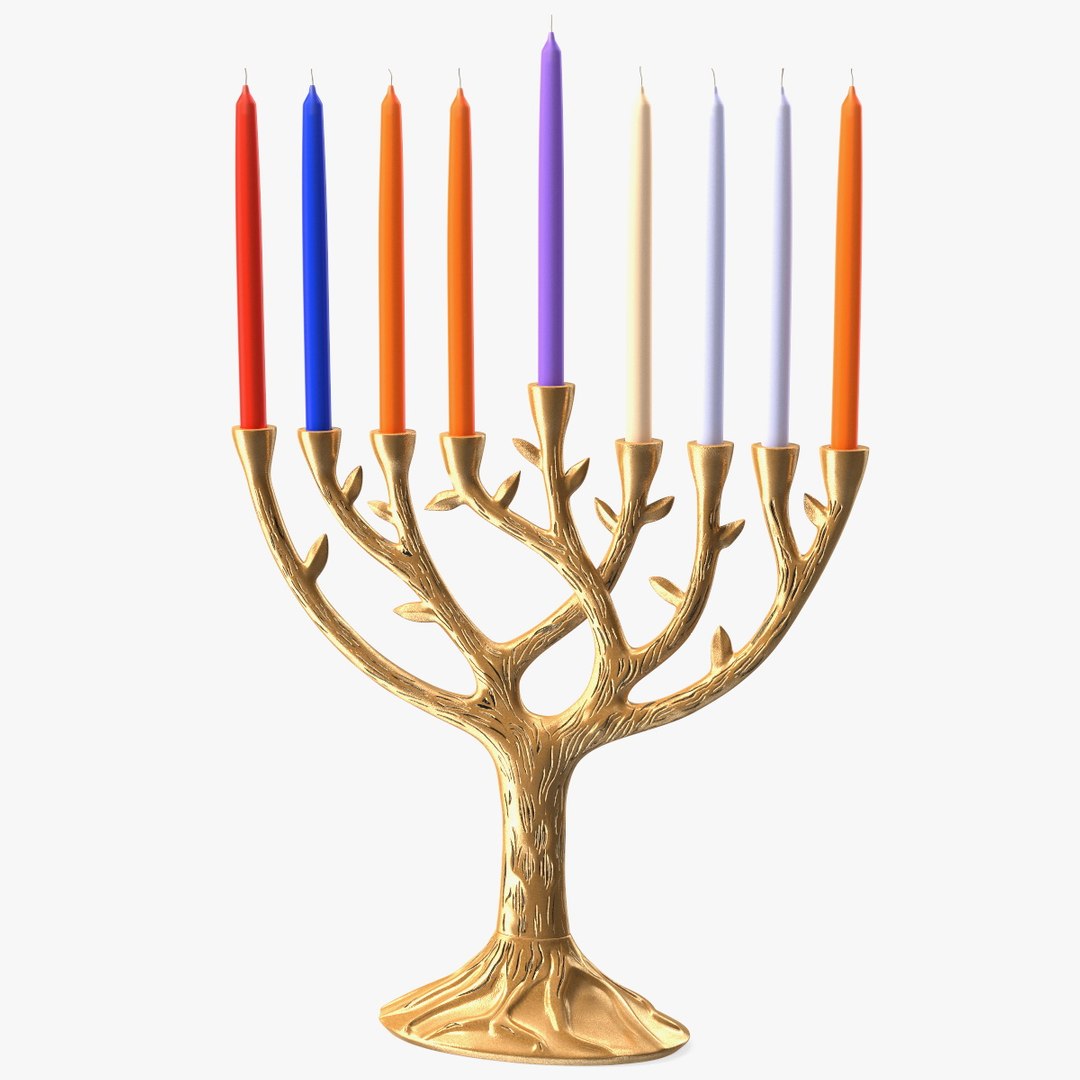 Hanukkah Menorah Gold Candelabrum with Candles 3D model preview