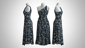 Woman Dress 2 Blue Leaf Fabric 3D model