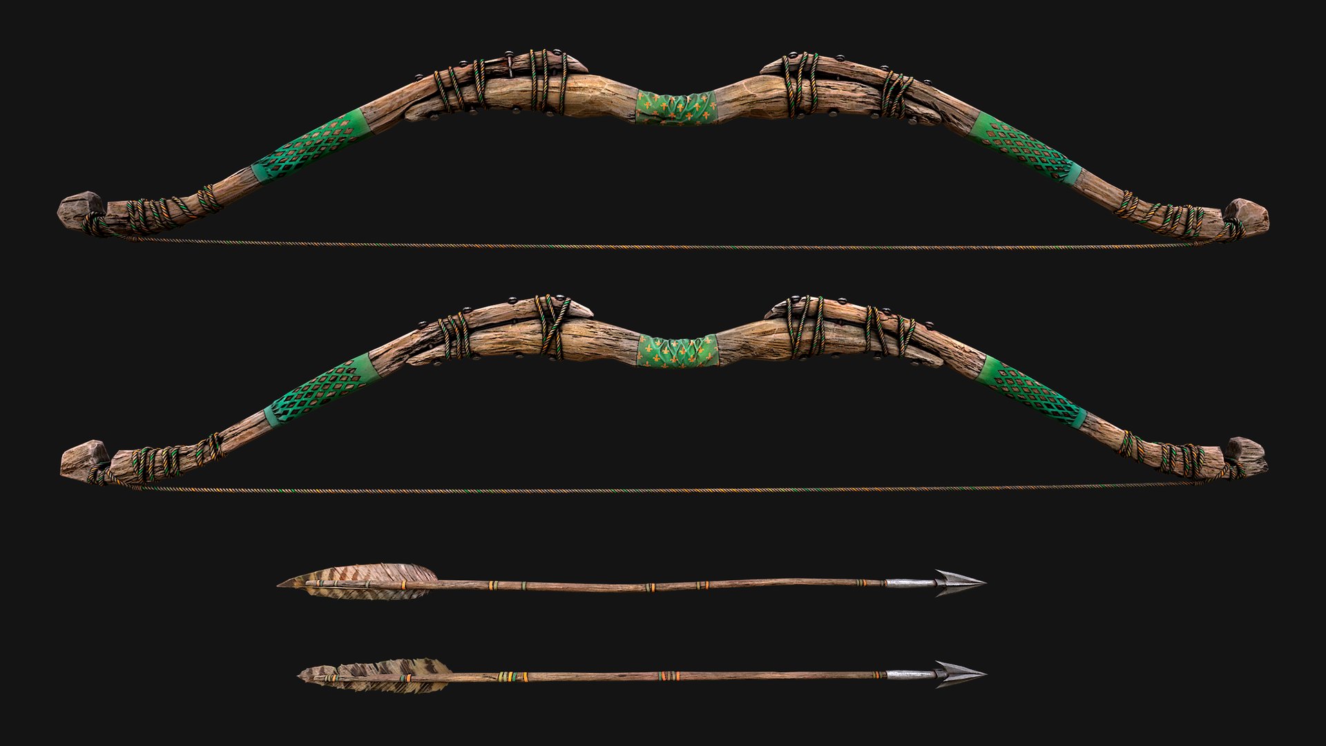 Medieval Wooden Bow Weapon Set model https://p.turbosquid.com/ts-thumb/kj/RO1i45/wI/woodenbowgreen2/png/1757746124/1920x1080/fit_q87/e7511d20e4c9c4951218422c129f8ecb1868eefc/woodenbowgreen2.jpg