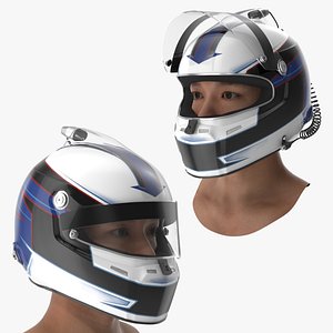 Full Face Racing Helmet on Head with Raised Visor 3D model